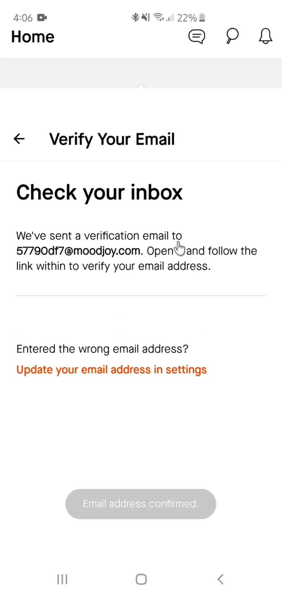 Confirming email address screenshot