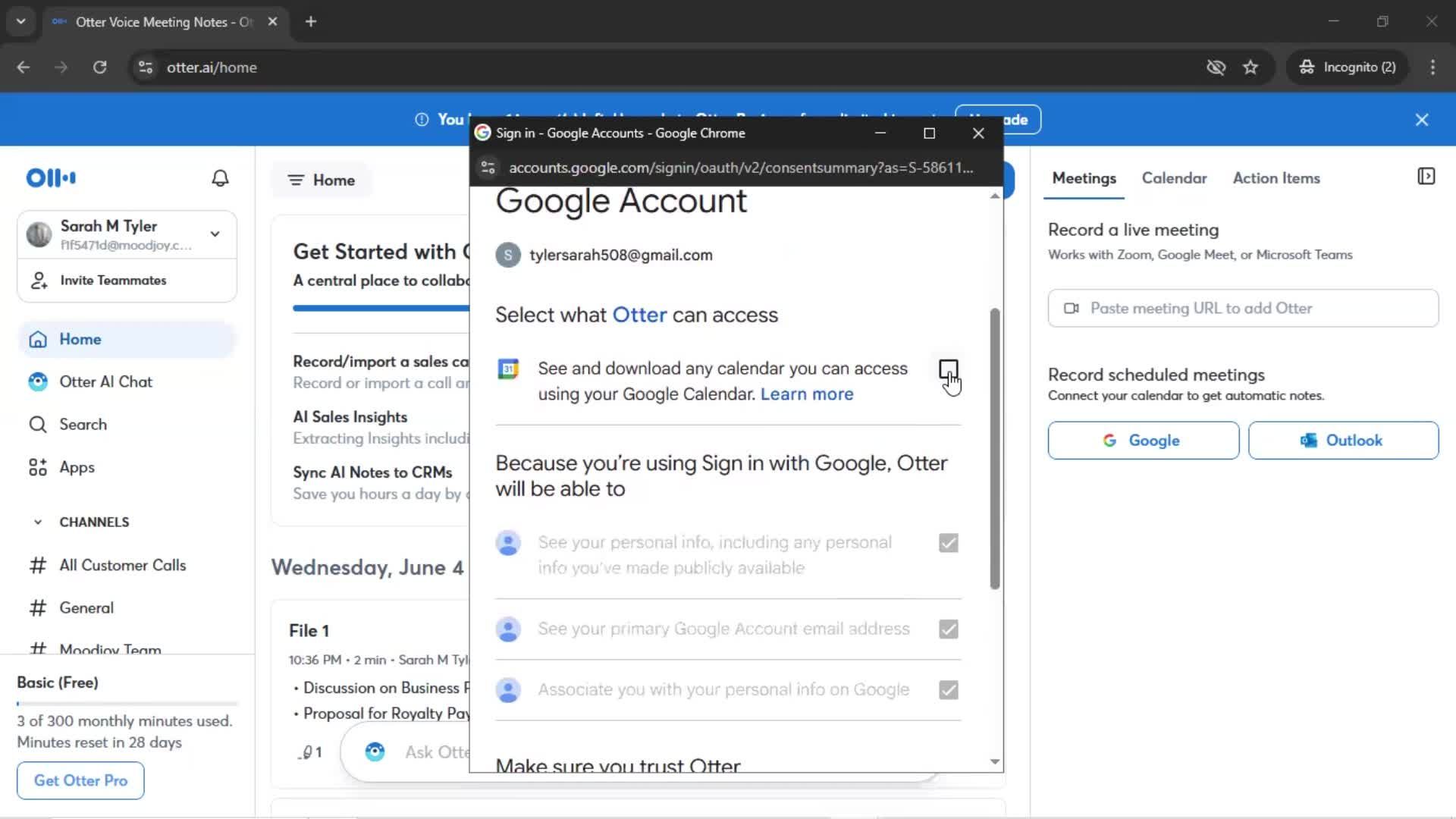 Connecting a calendar screenshot