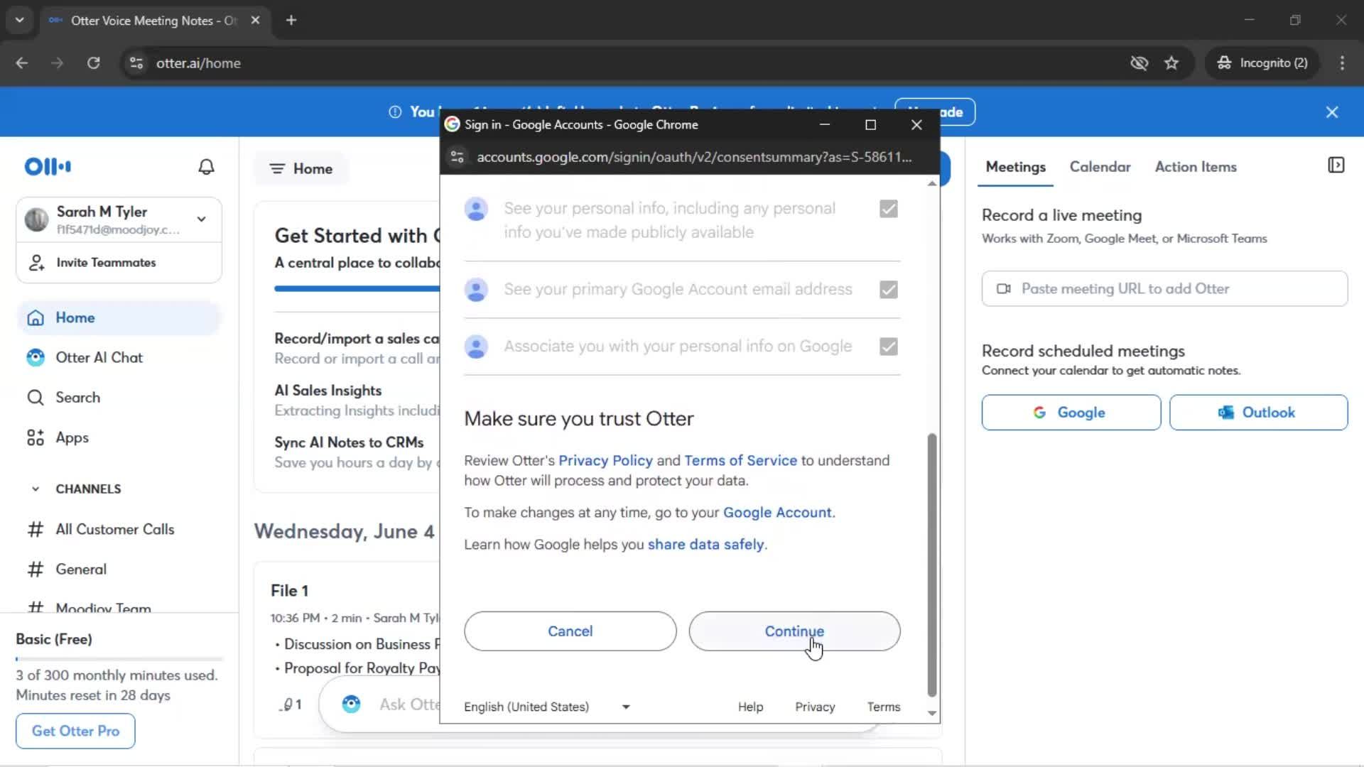 Connecting a calendar screenshot