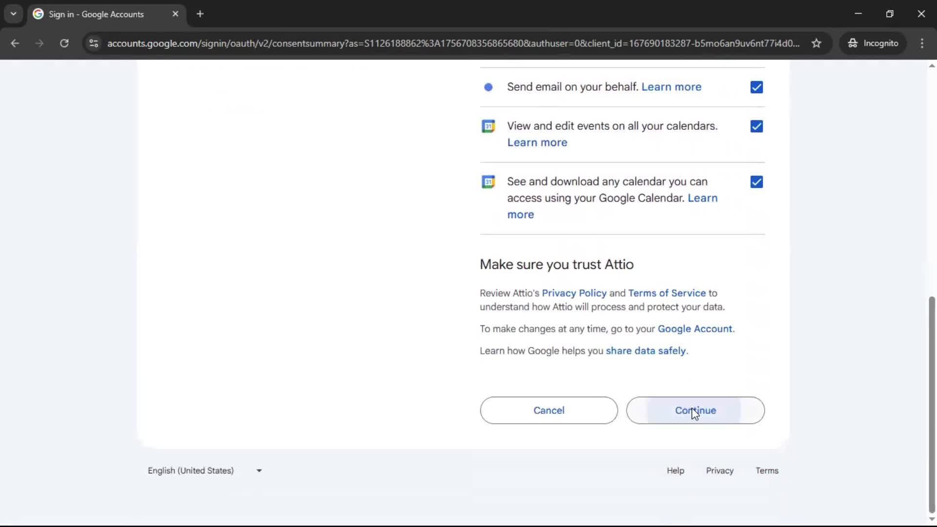 Connecting an integration screenshot
