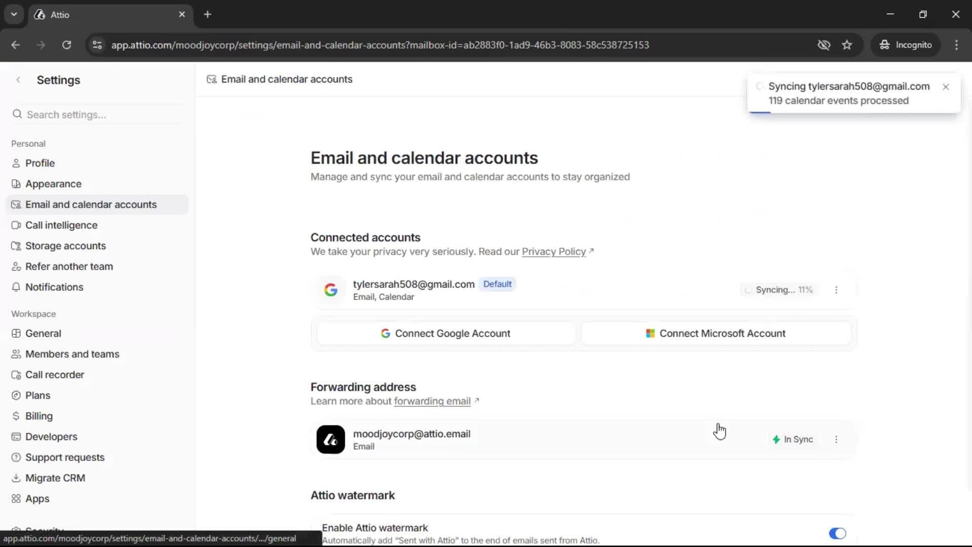 Connecting an integration screenshot