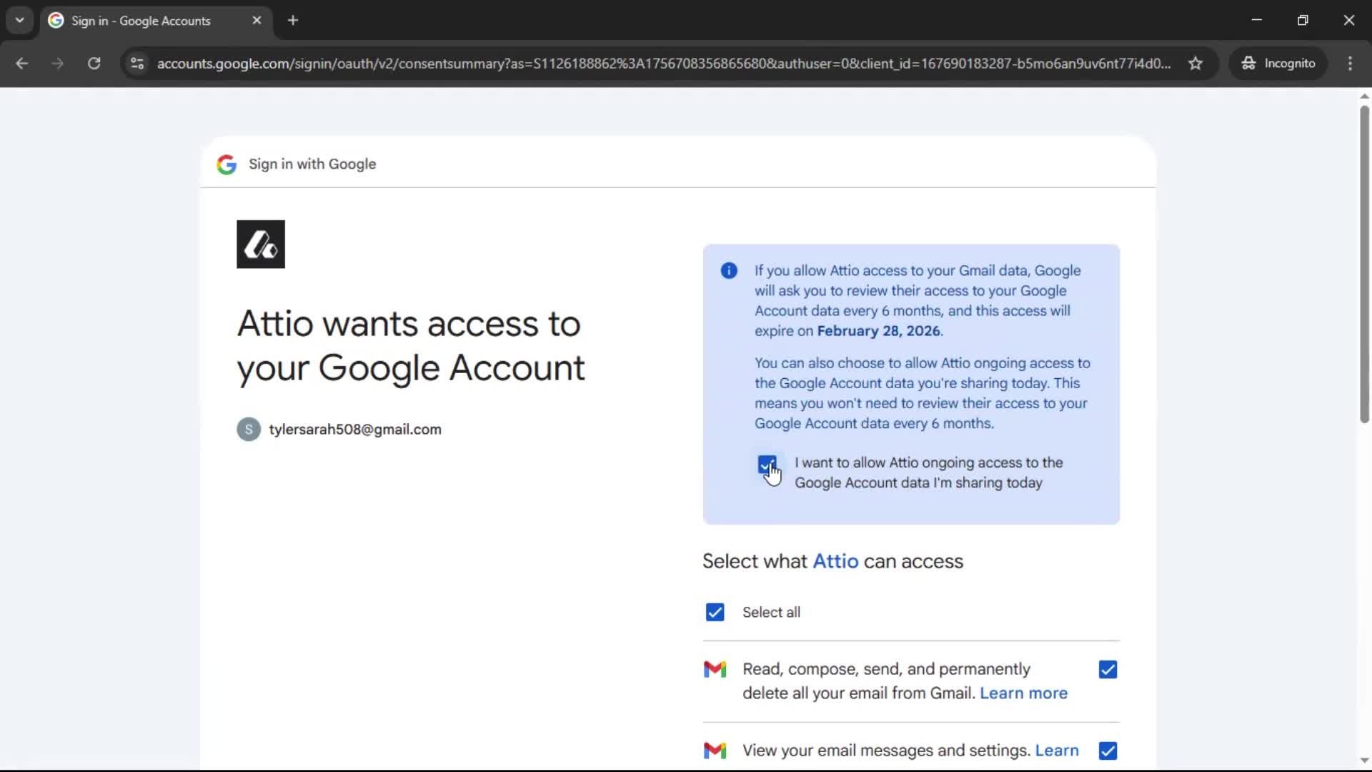 Connecting an integration screenshot