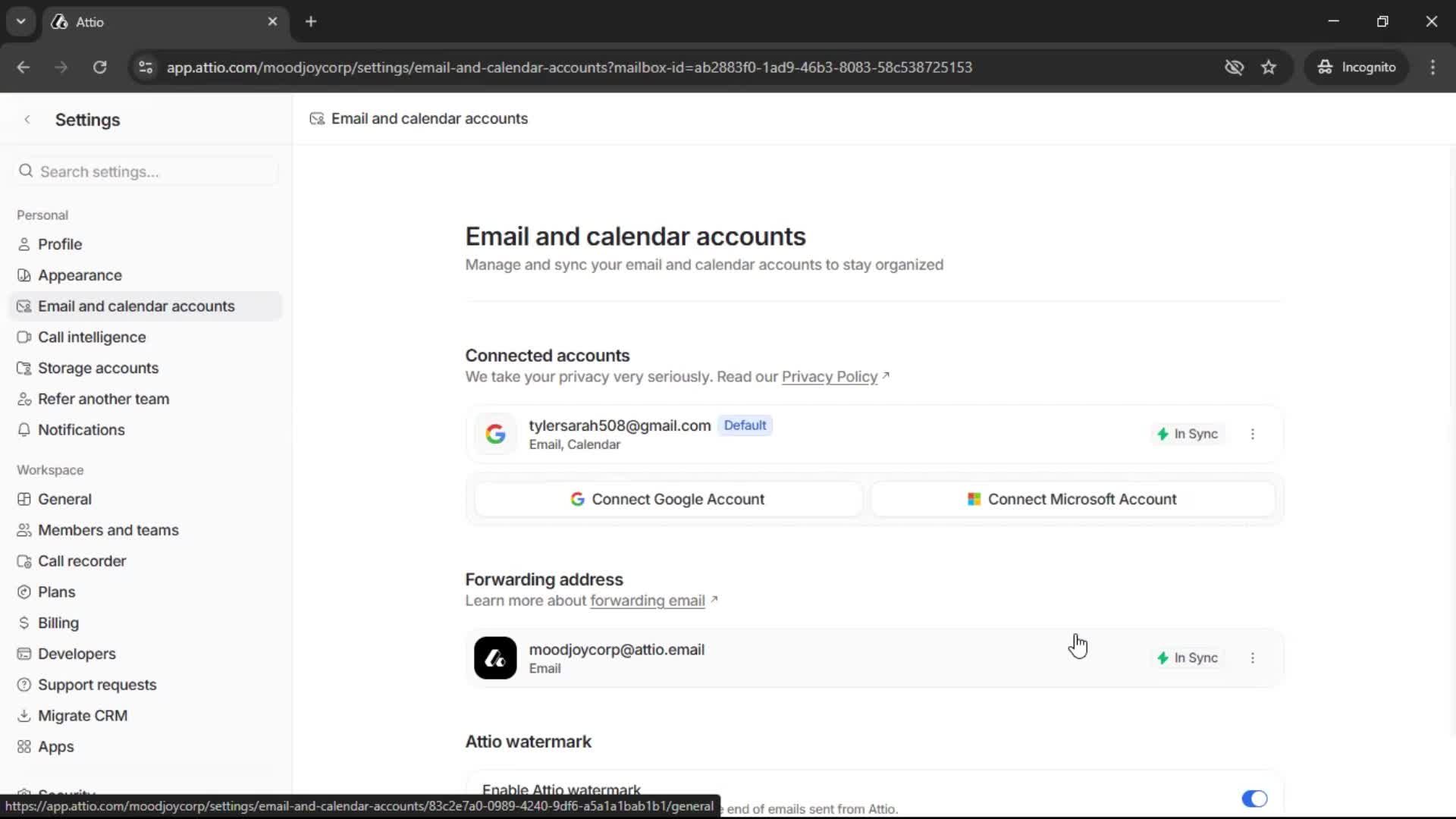 Connecting an integration screenshot