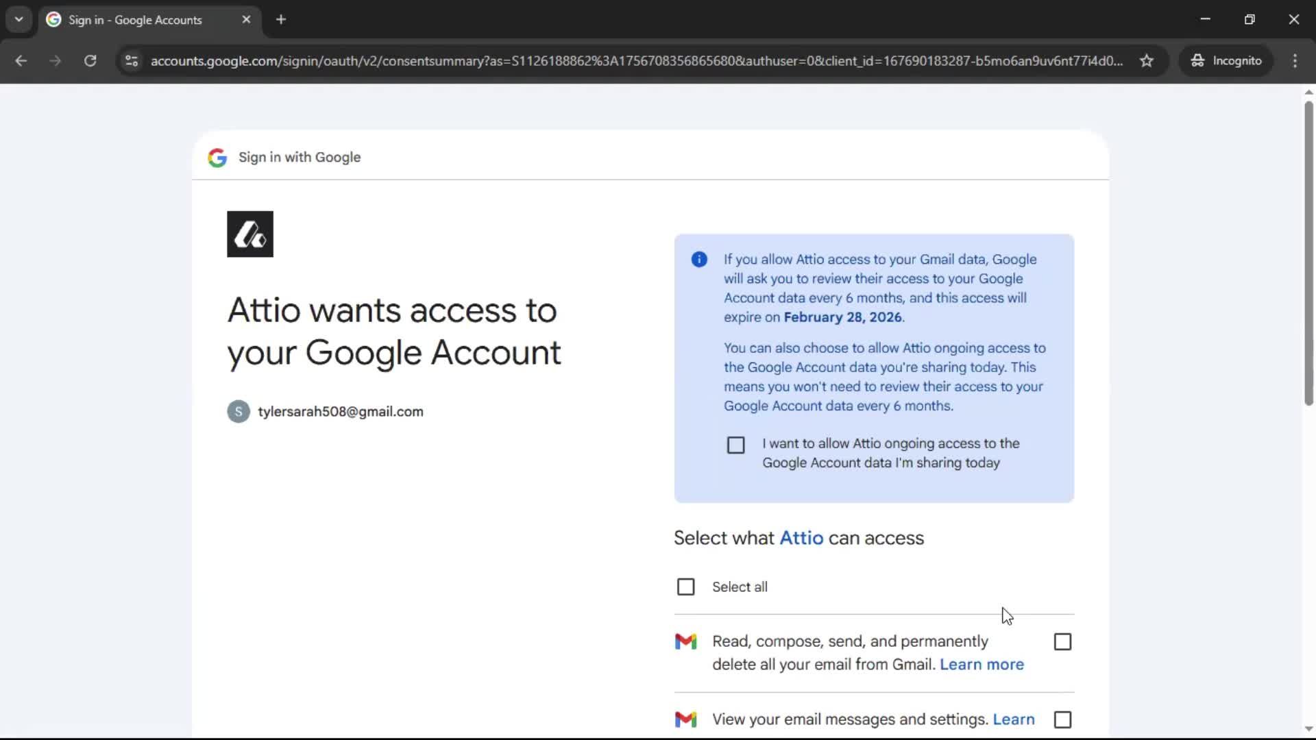 Connecting an integration screenshot