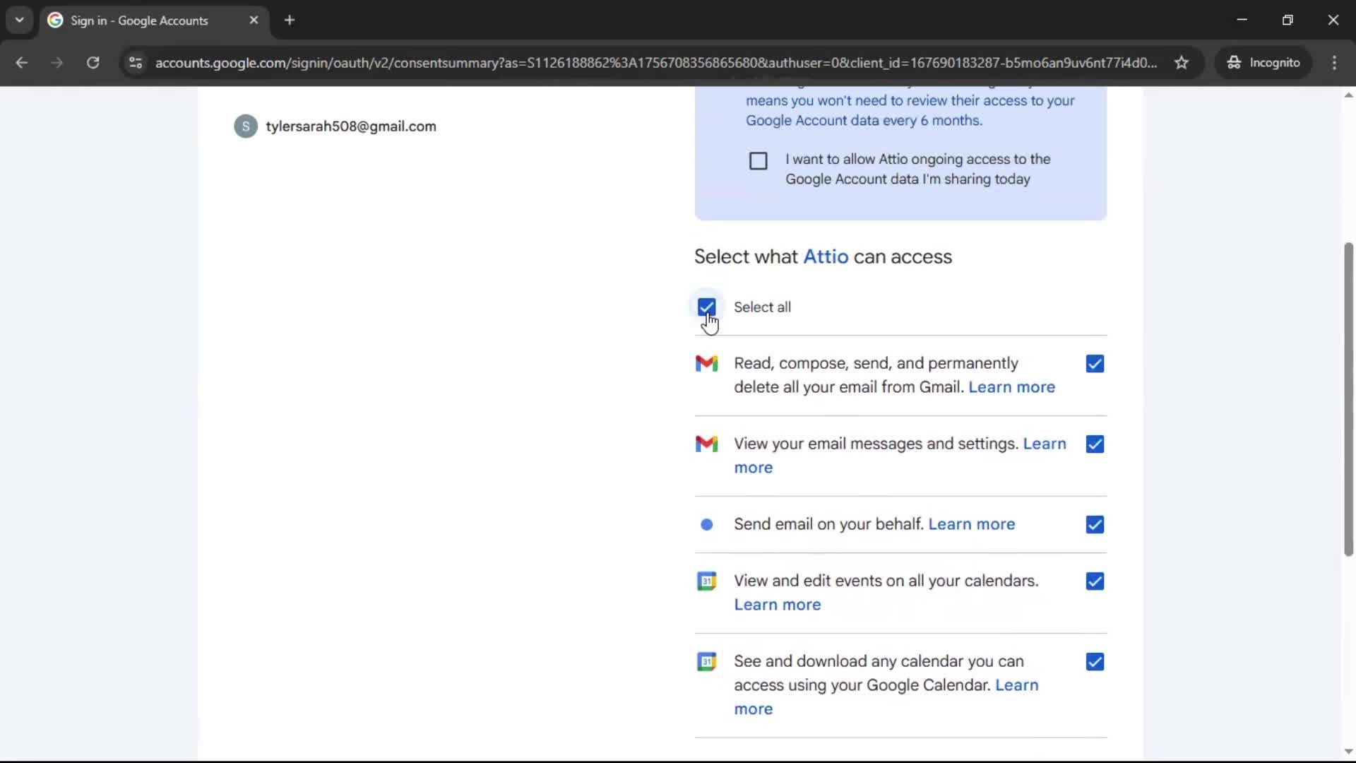 Connecting an integration screenshot