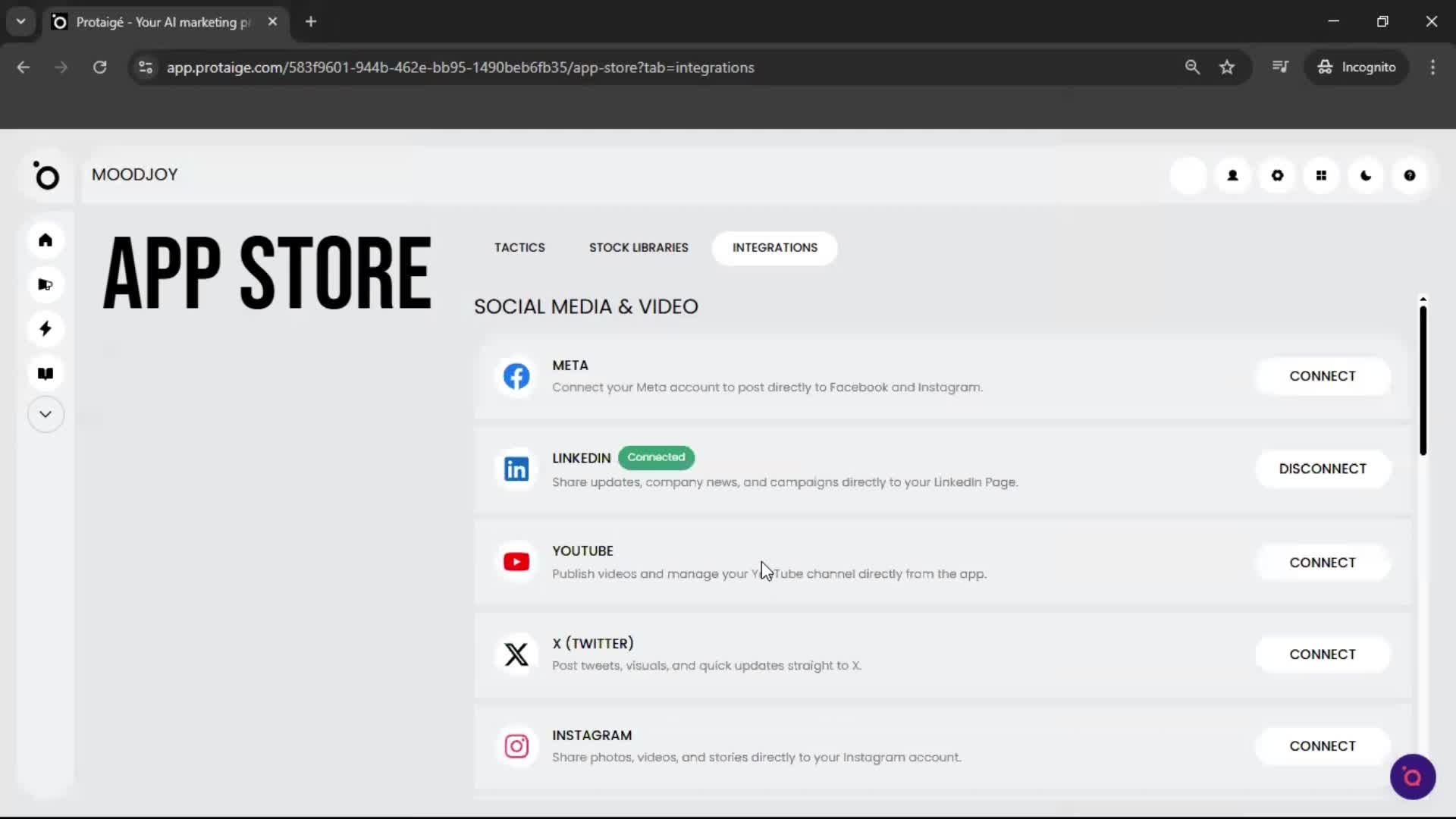 Connecting an integration screenshot