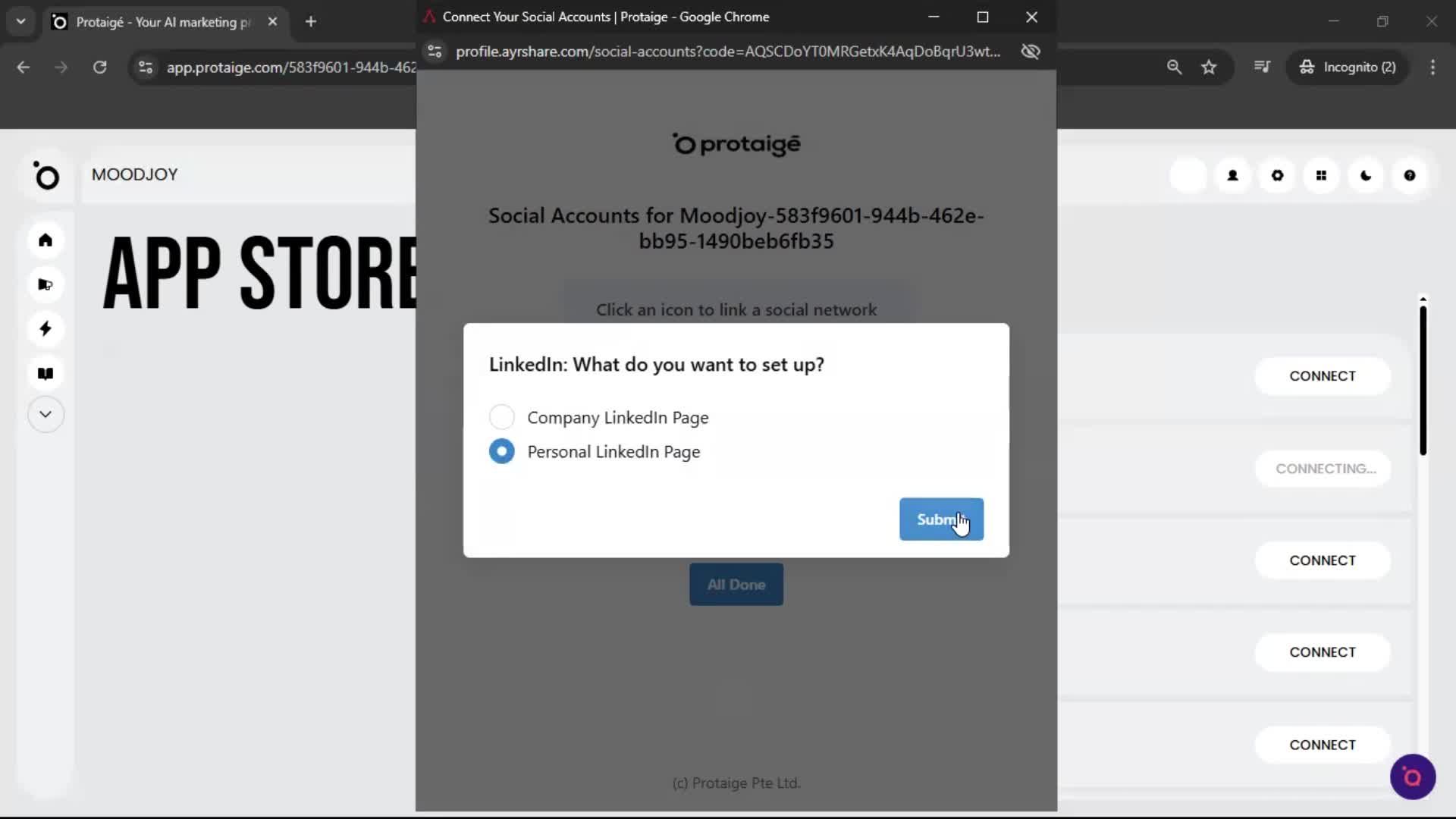Connecting an integration screenshot