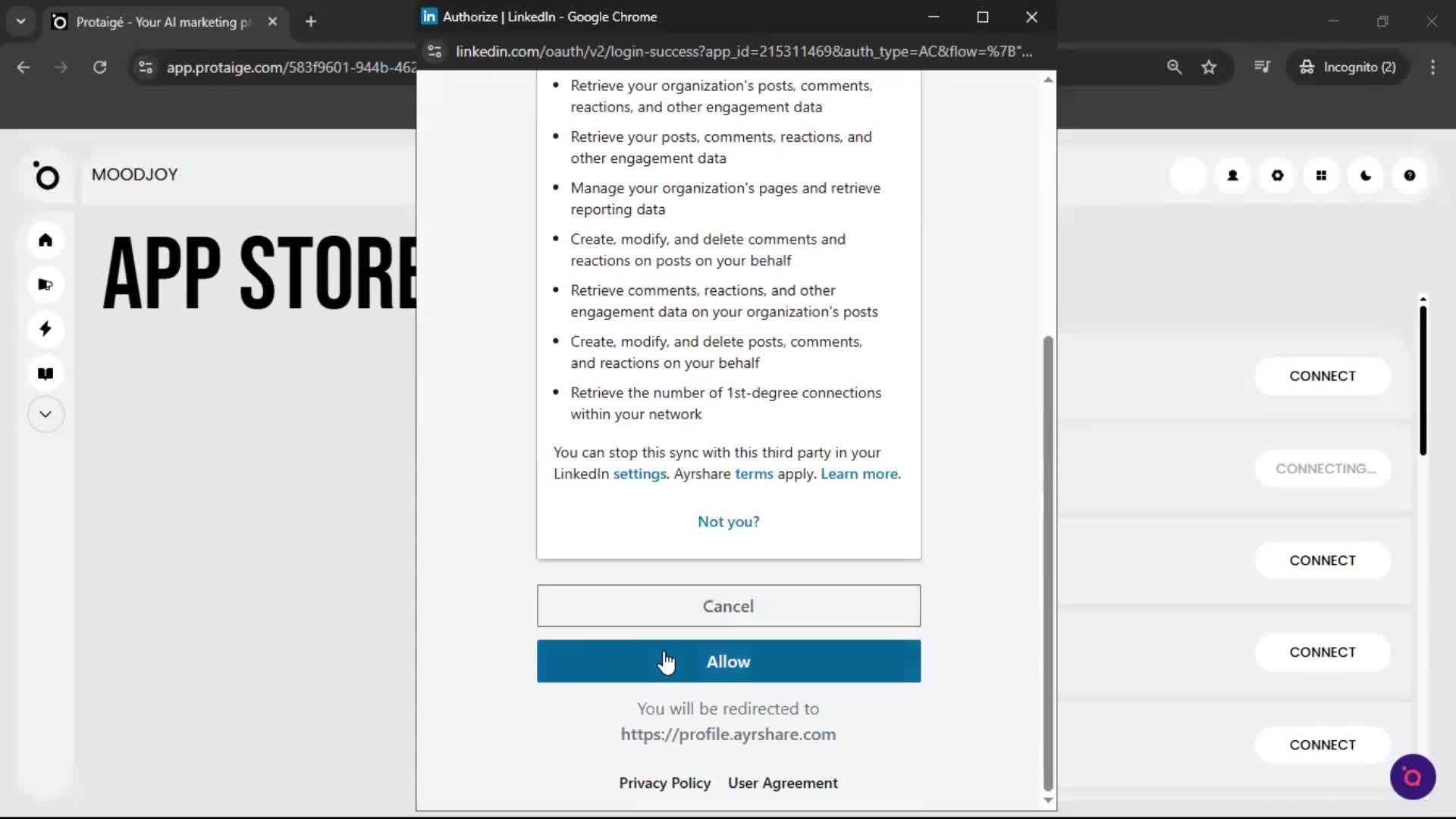 Connecting an integration screenshot