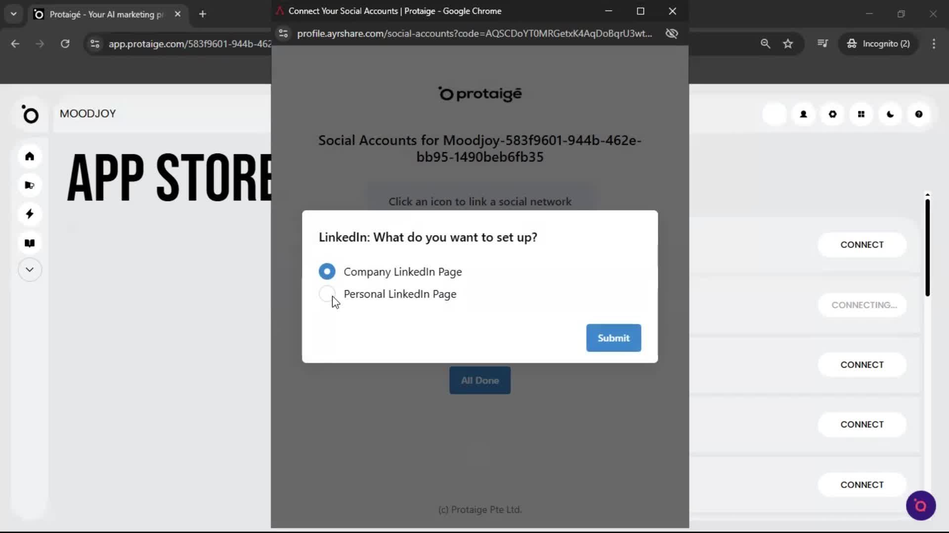 Connecting an integration screenshot