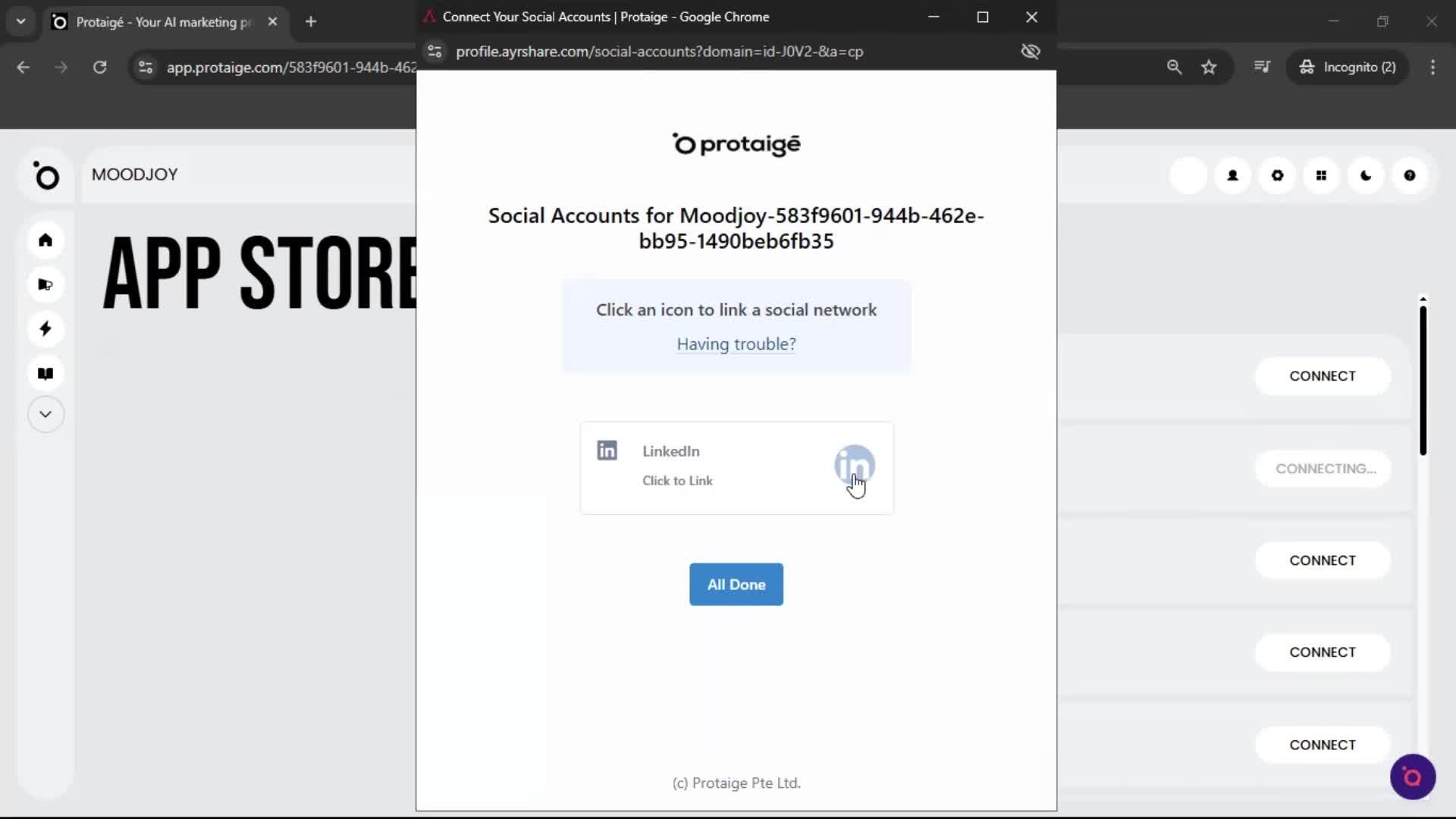 Connecting an integration screenshot