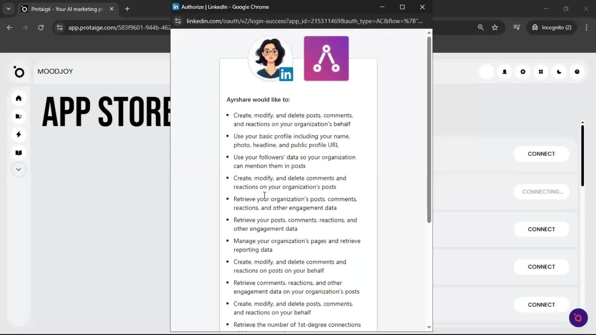 Connecting an integration screenshot
