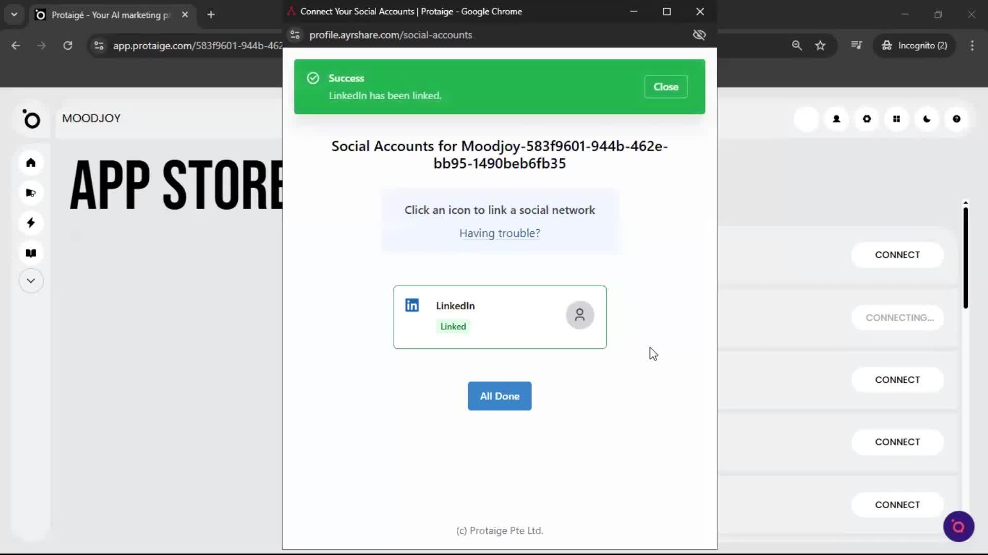 Connecting an integration screenshot