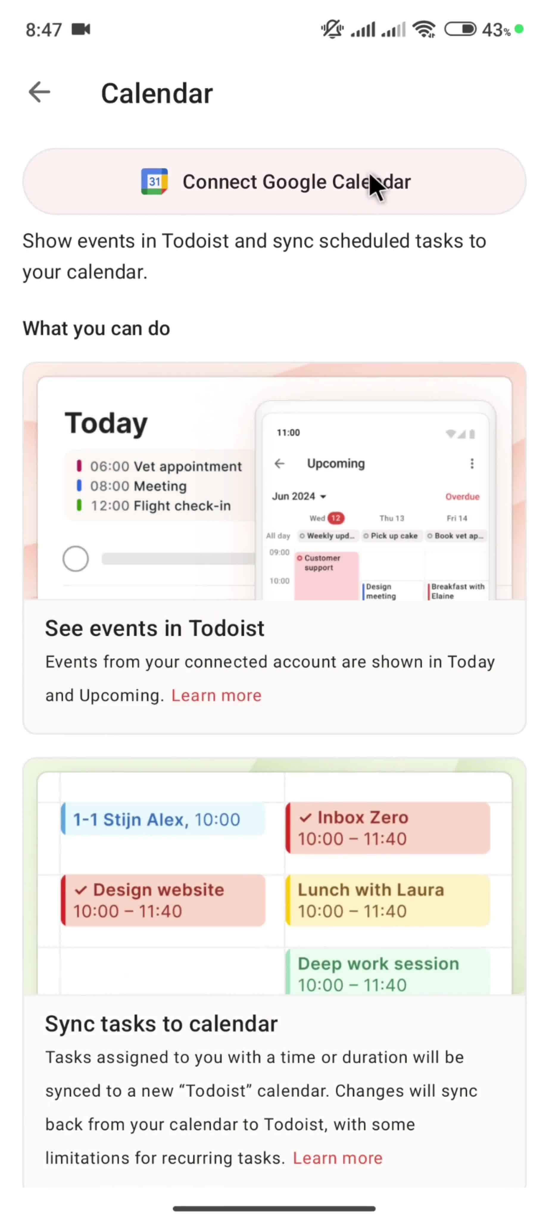 Connecting a calendar screenshot