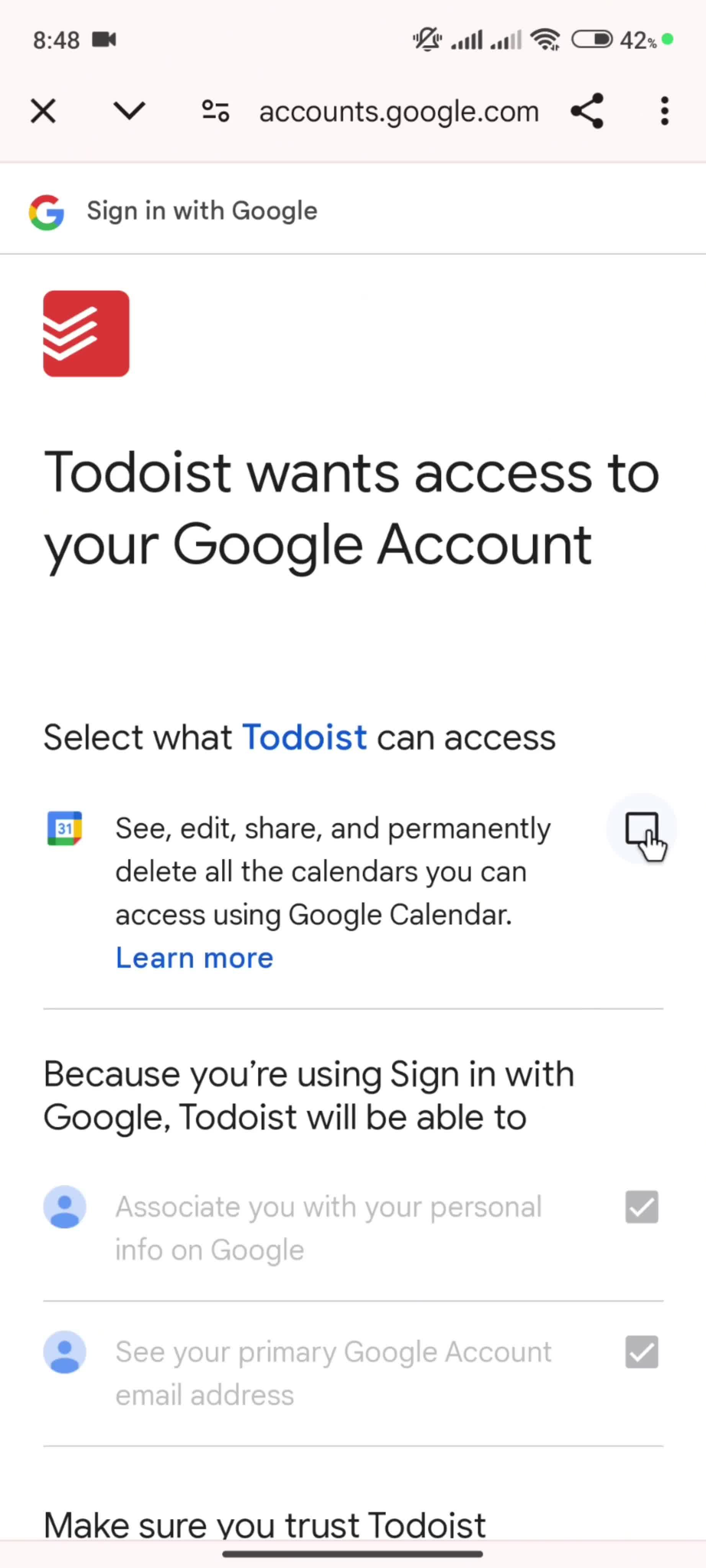 Connecting a calendar screenshot