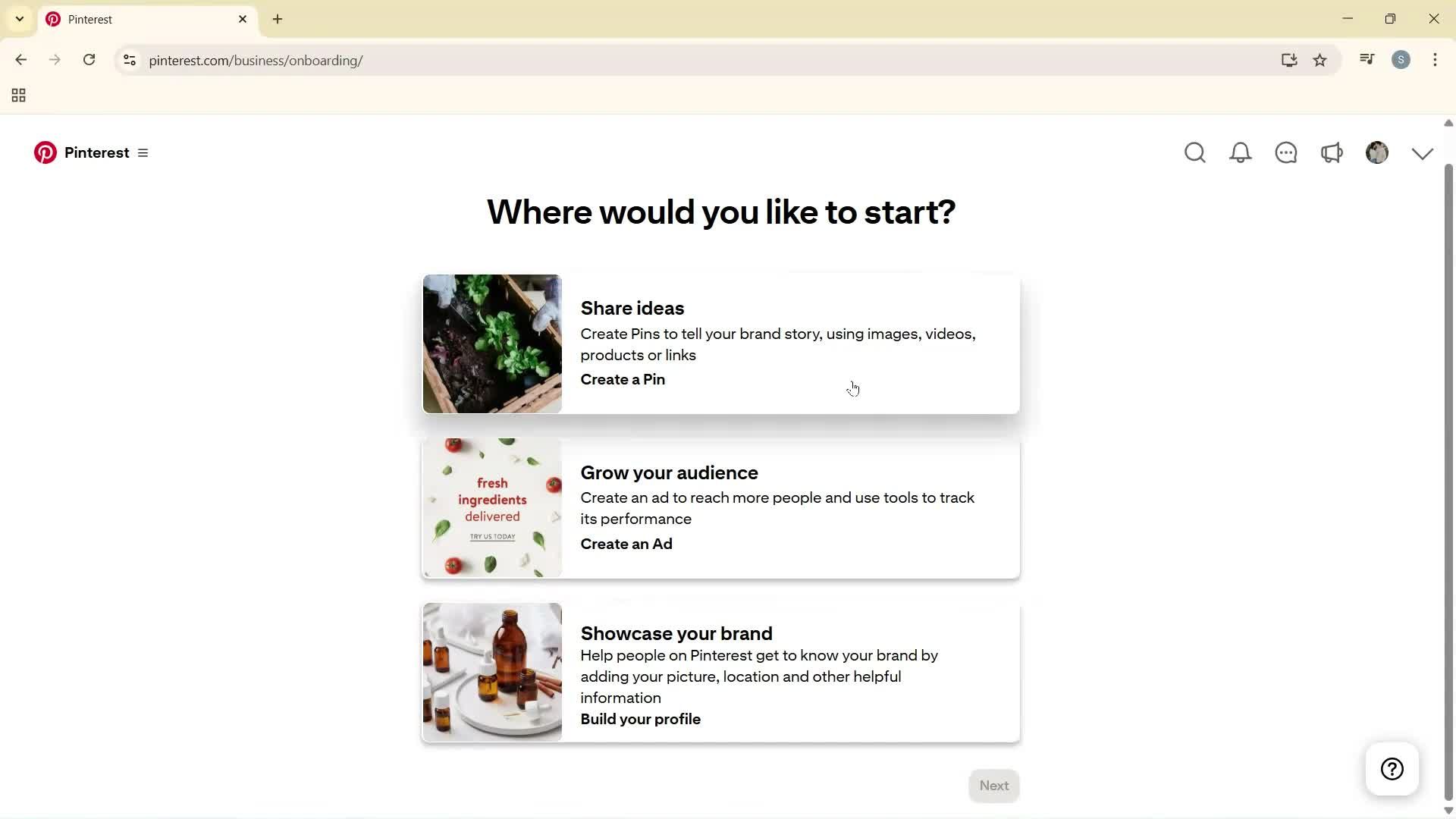 Creating a business profile screenshot