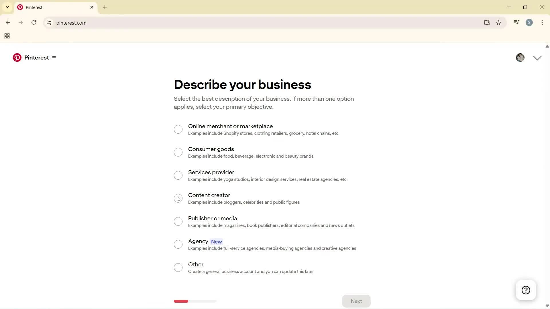 Creating a business profile screenshot