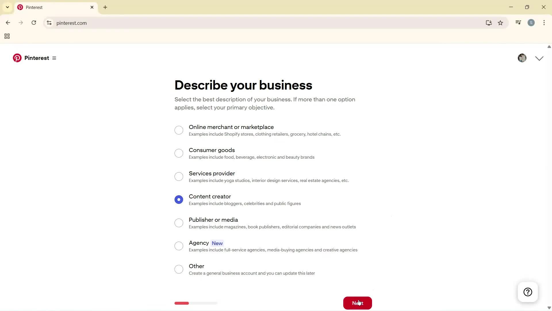 Creating a business profile screenshot