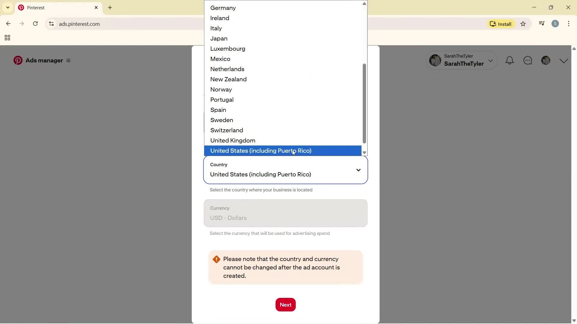 Creating a business profile screenshot