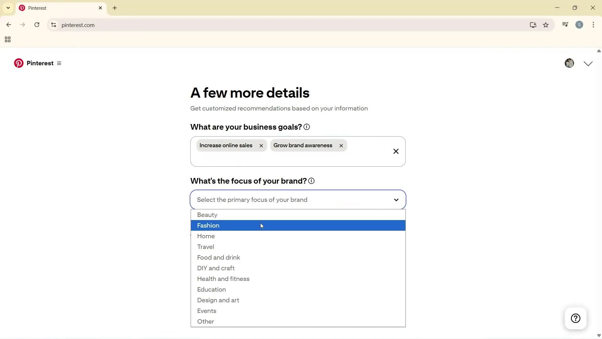 Creating a business profile screenshot
