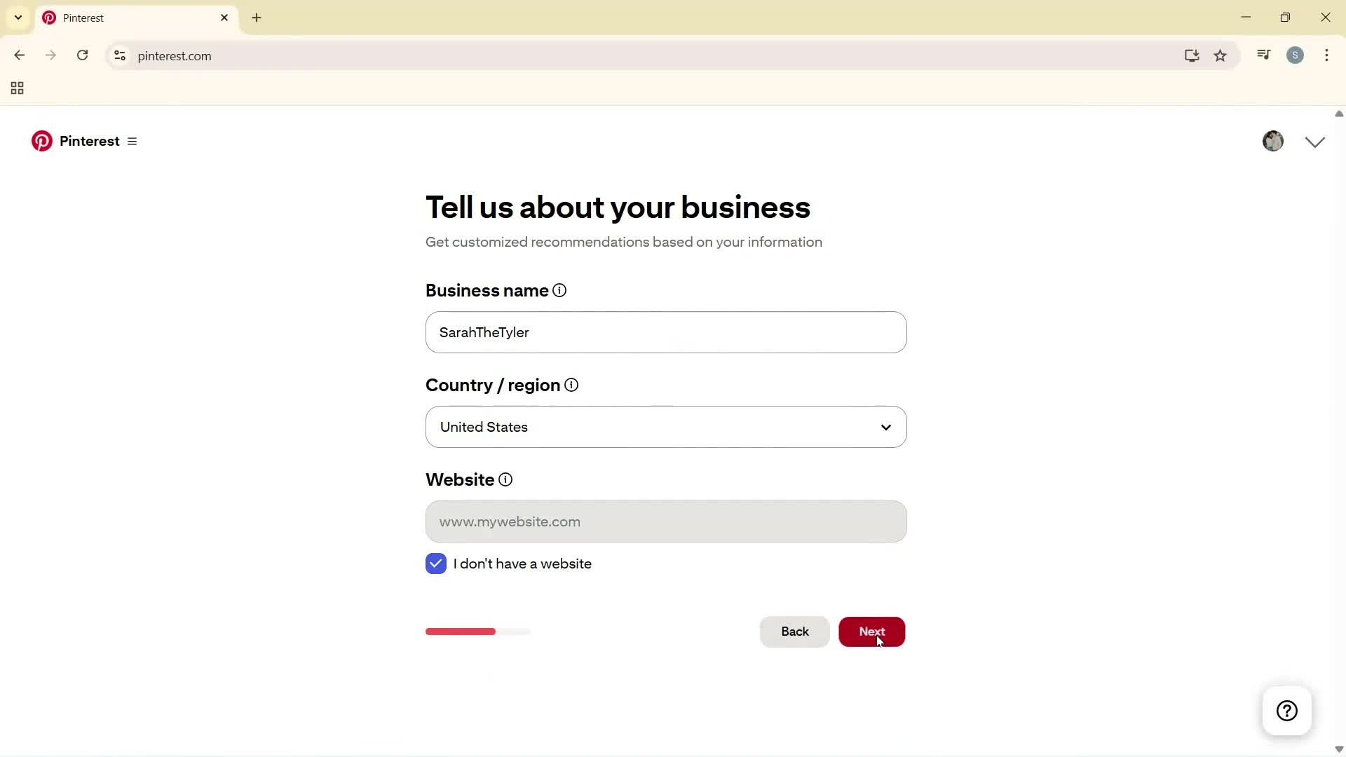 Creating a business profile screenshot