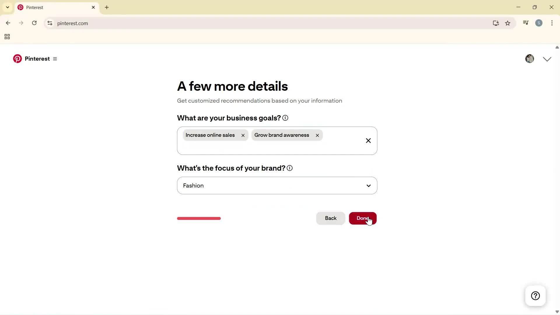 Creating a business profile screenshot