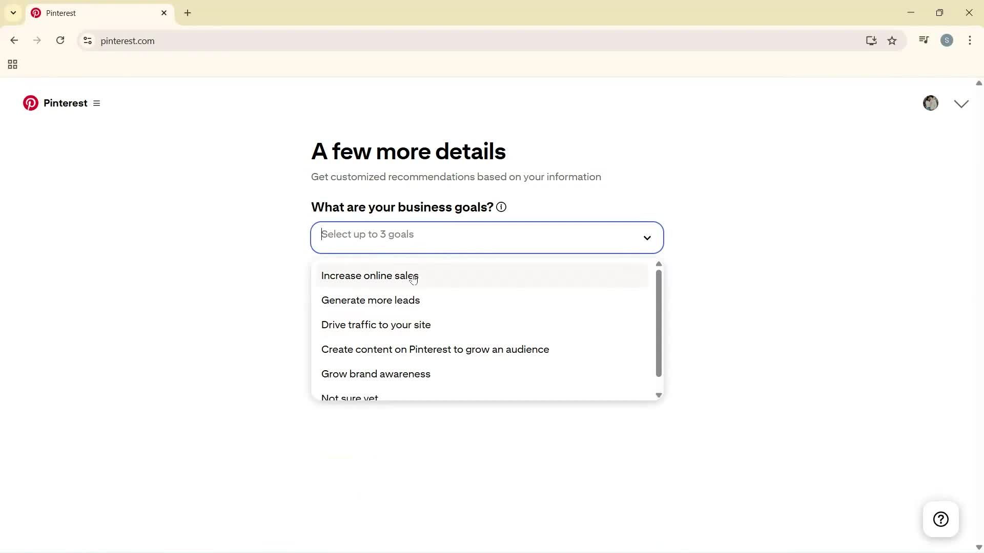 Creating a business profile screenshot
