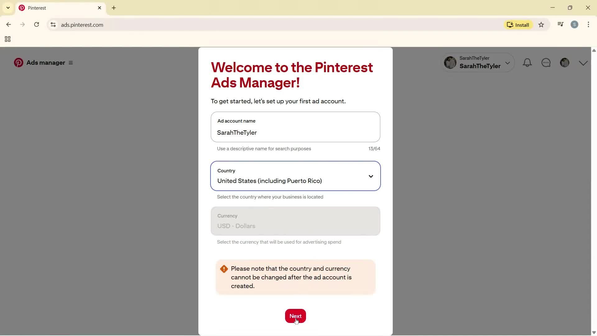 Creating a business profile screenshot