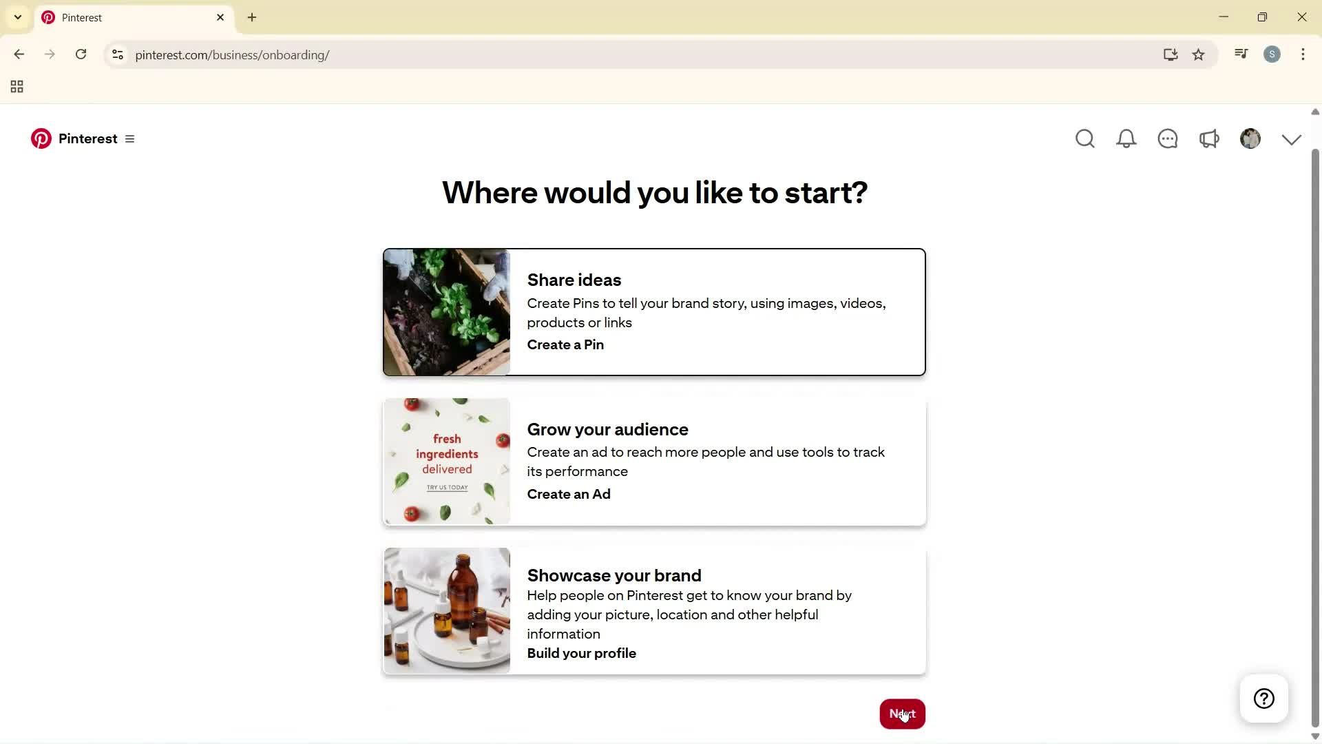Creating a business profile screenshot