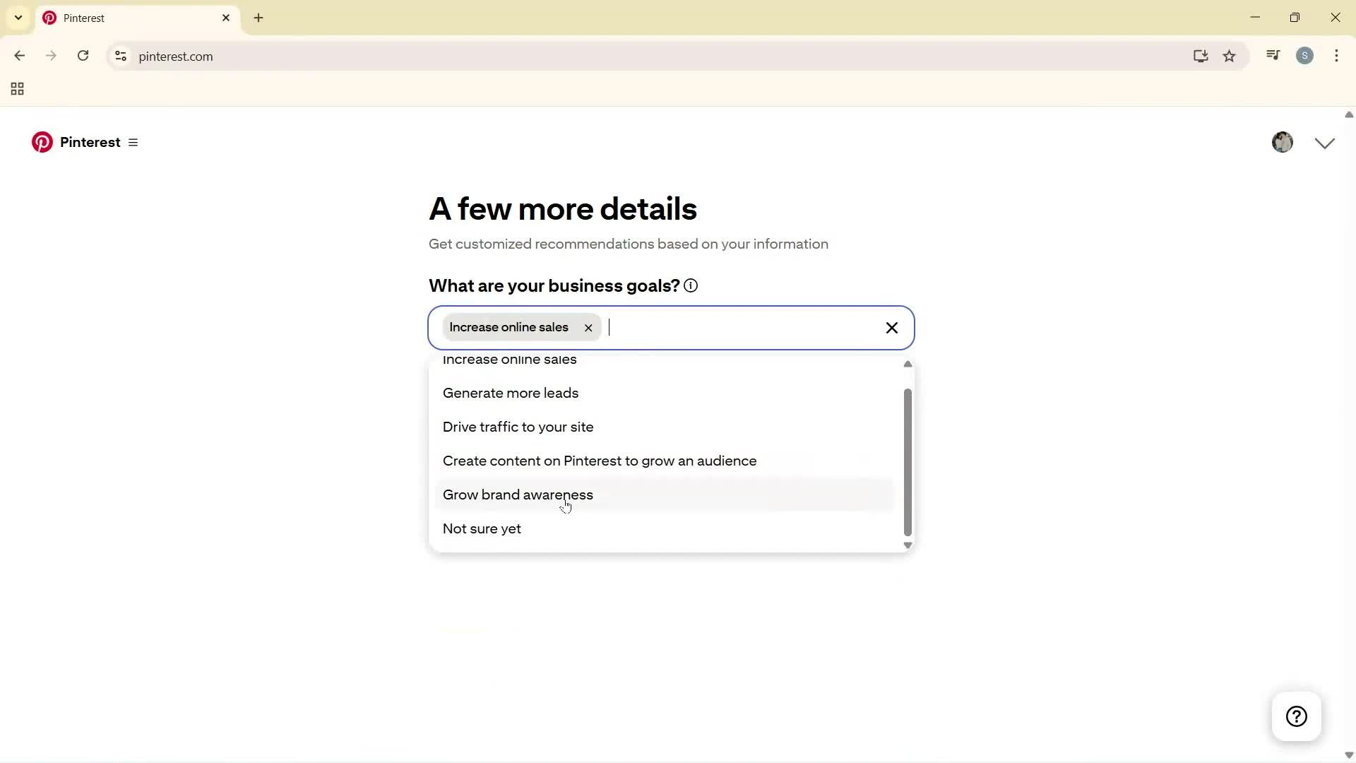 Creating a business profile screenshot