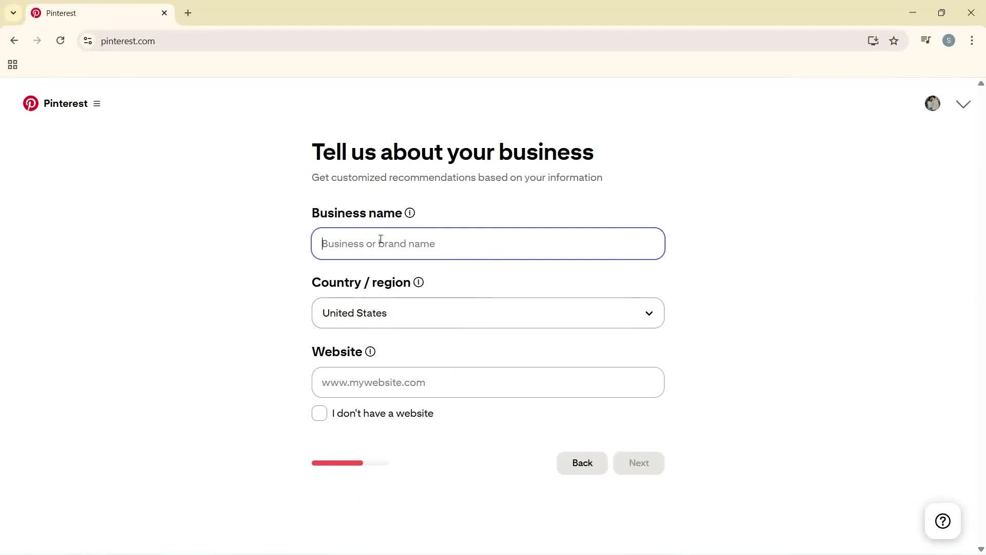 Creating a business profile screenshot