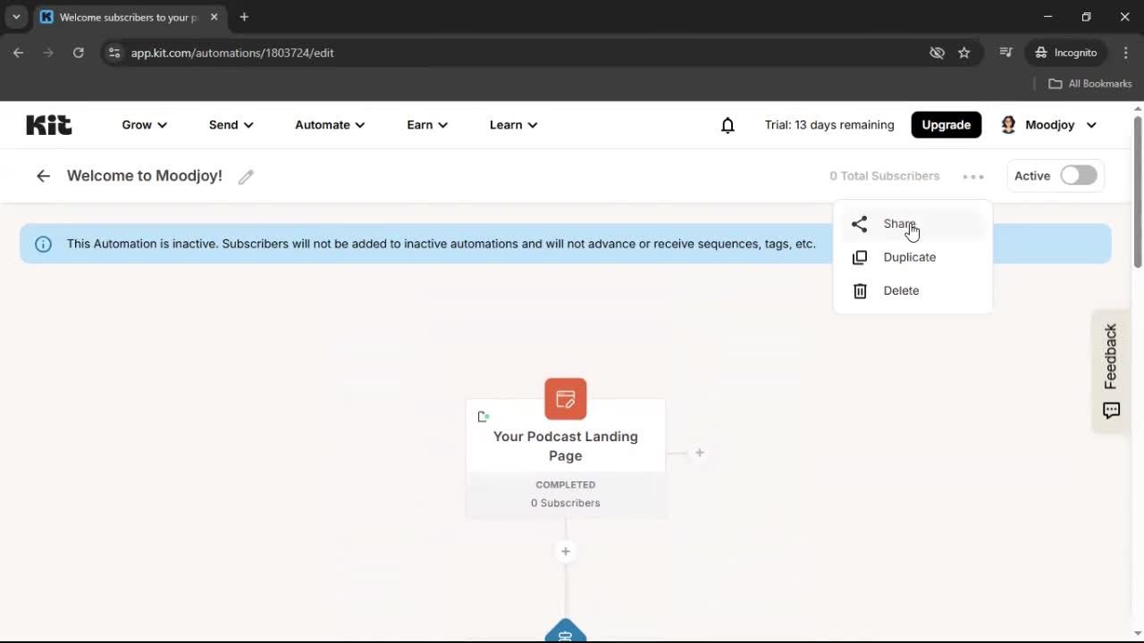 Creating an automation workflow screenshot