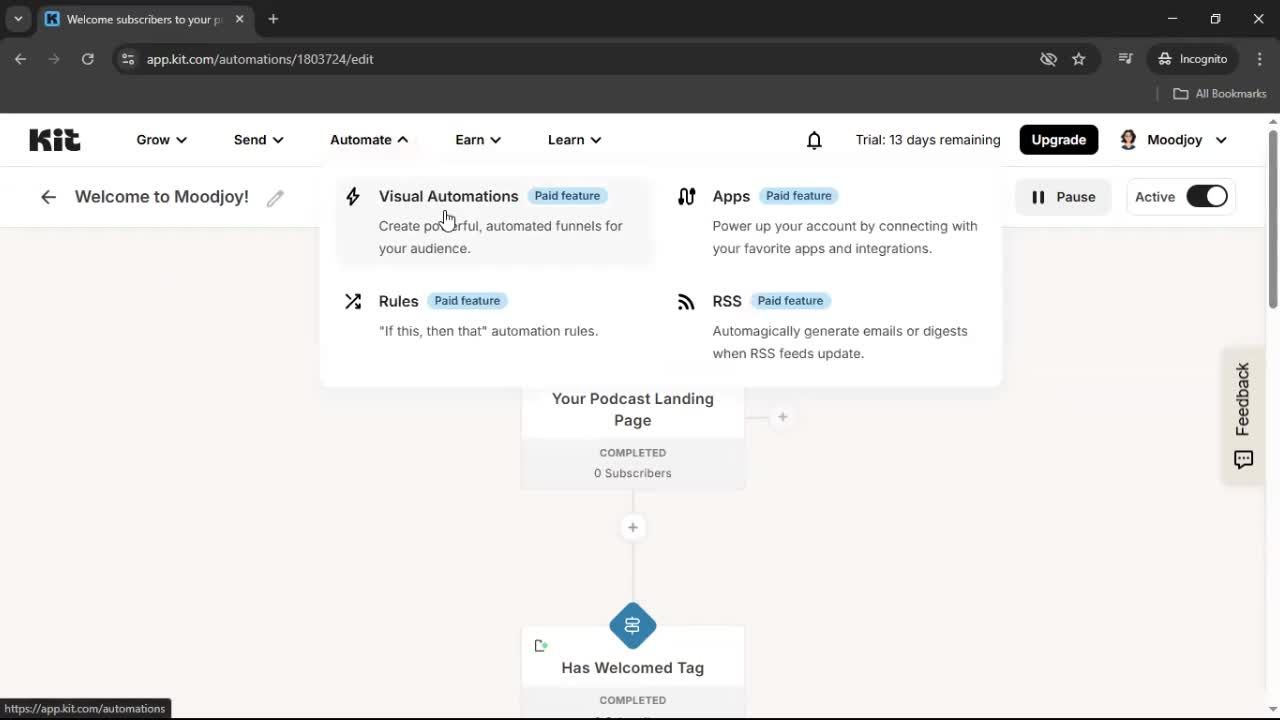 Creating an automation workflow screenshot