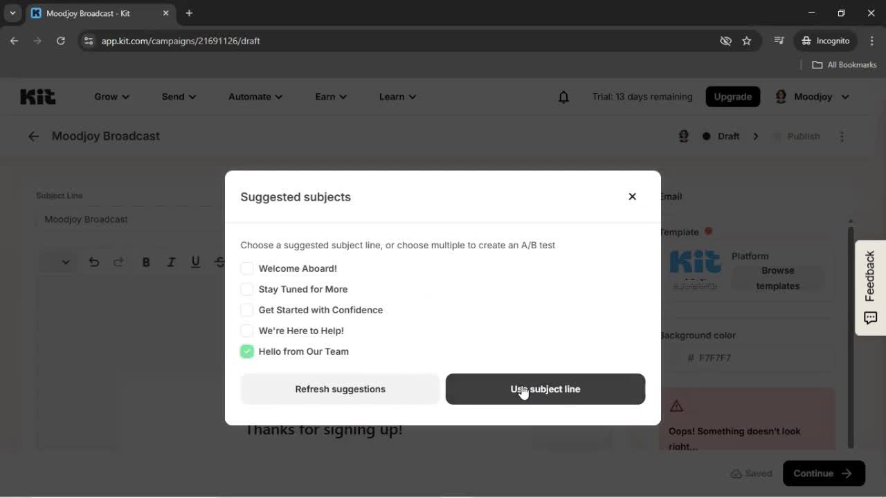 Creating an email campaign screenshot