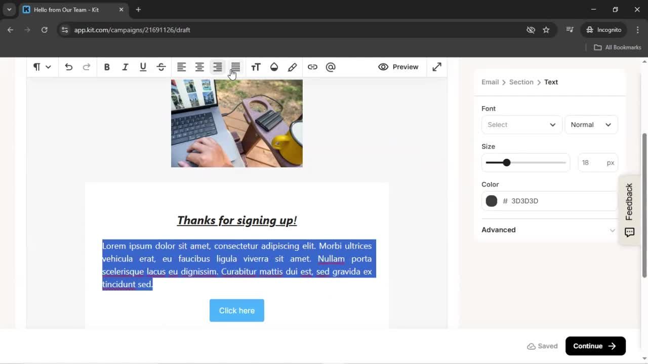 Creating an email campaign screenshot