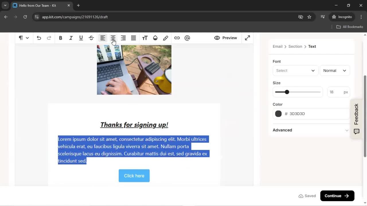 Creating an email campaign screenshot