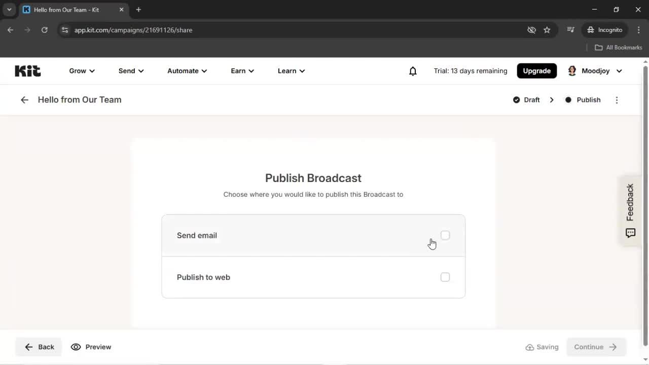 Creating an email campaign screenshot