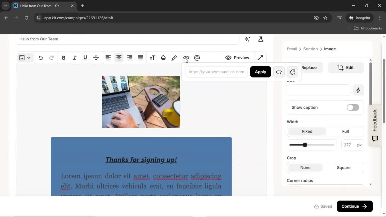 Creating an email campaign screenshot