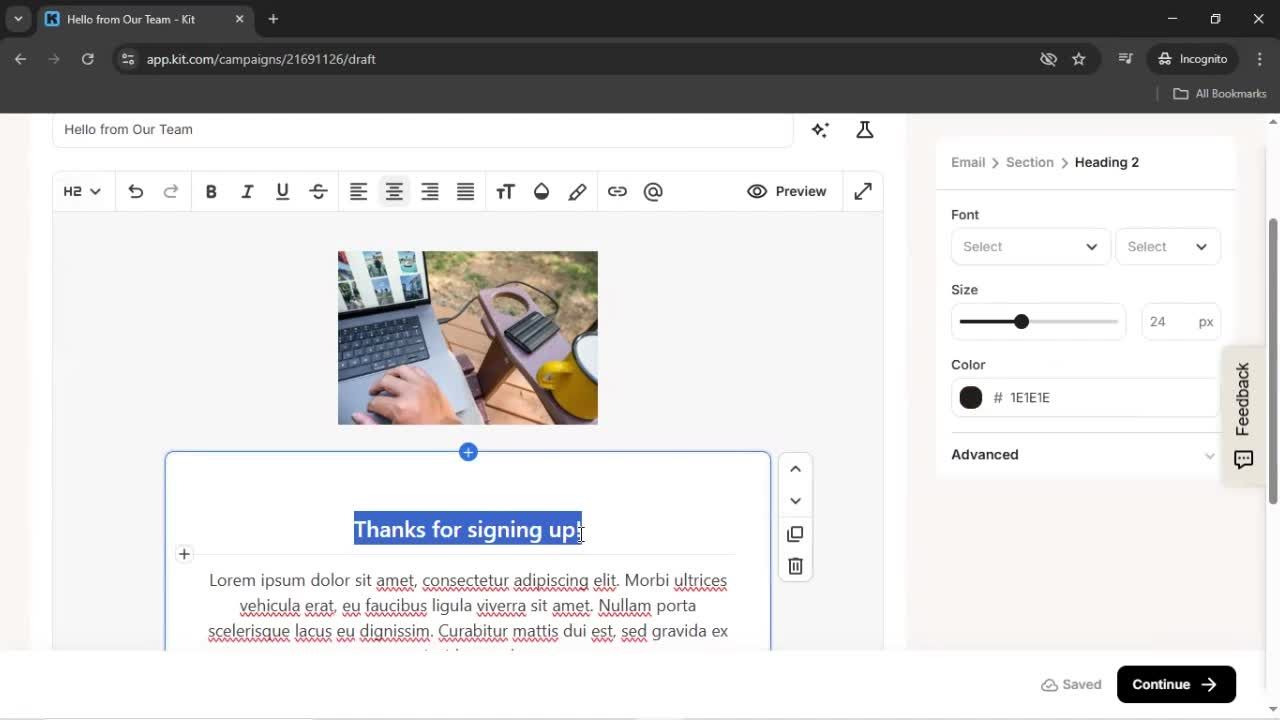 Creating an email campaign screenshot