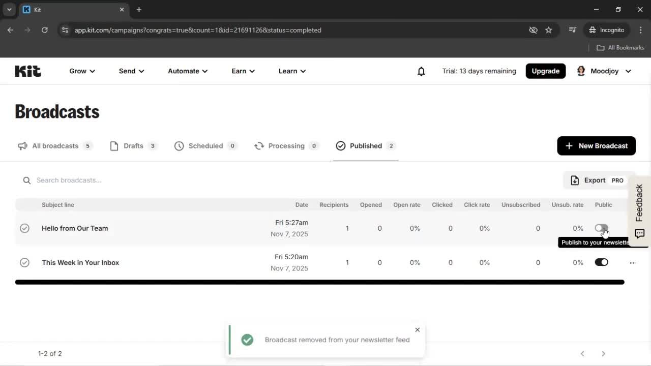 Creating an email campaign screenshot
