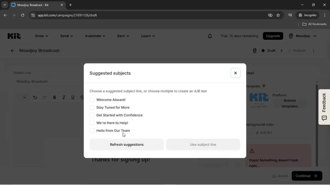 Creating an email campaign screenshot