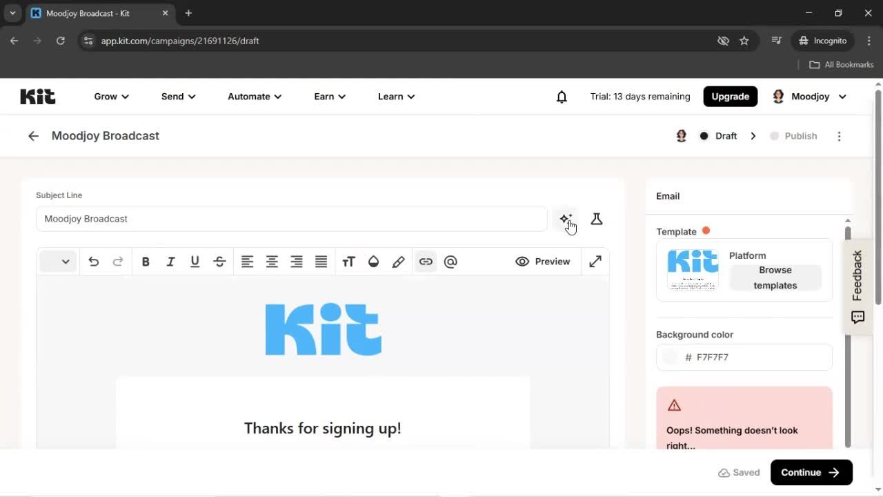 Creating an email campaign screenshot