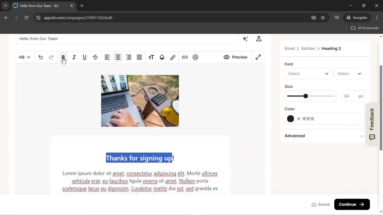 Creating an email campaign screenshot