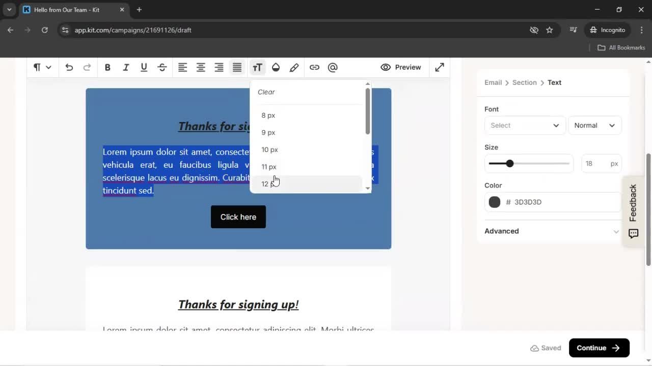 Creating an email campaign screenshot