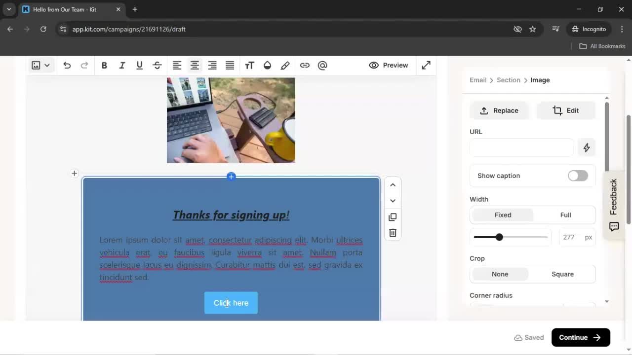 Creating an email campaign screenshot