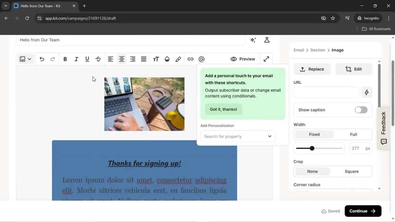 Creating an email campaign screenshot