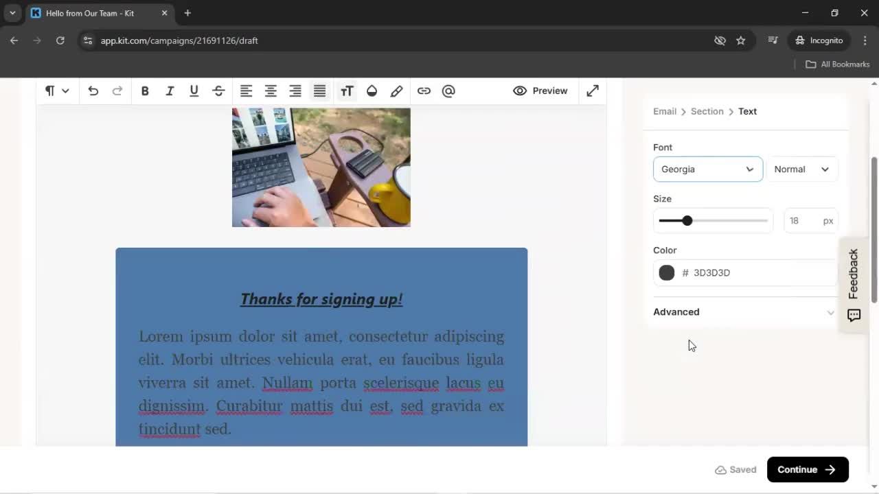 Creating an email campaign screenshot