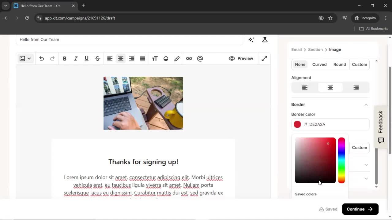 Creating an email campaign screenshot