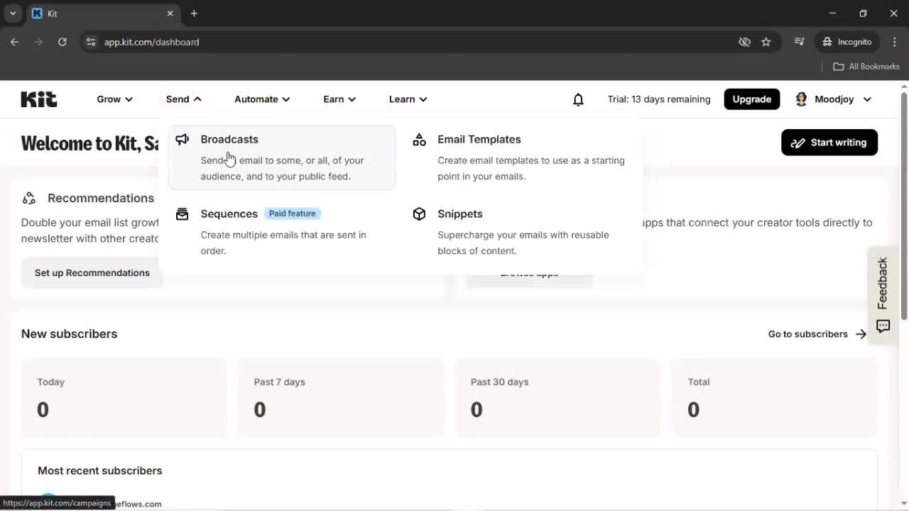 Creating an email campaign screenshot