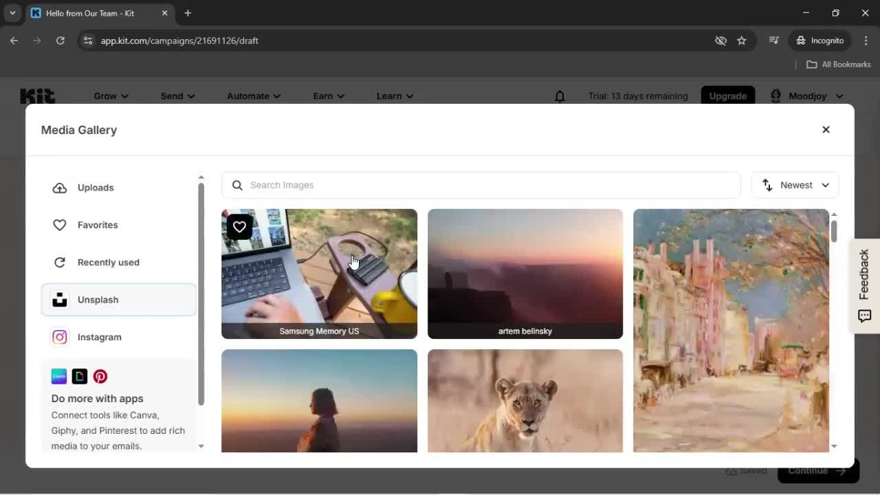 Creating an email campaign screenshot