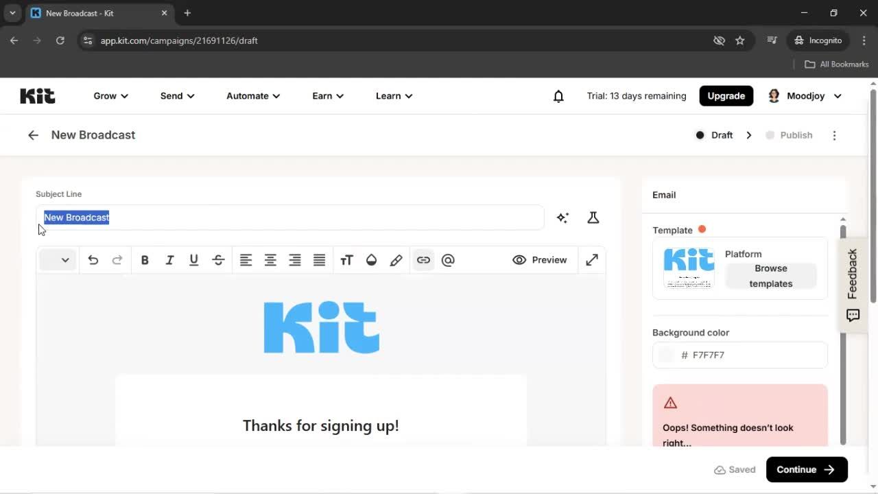 Creating an email campaign screenshot